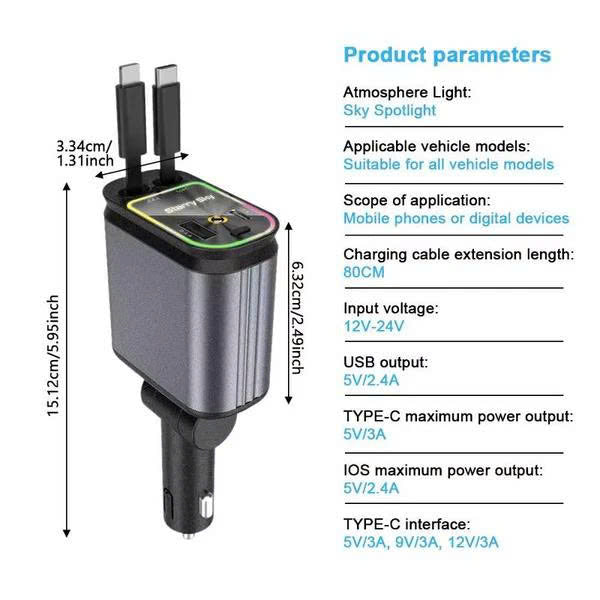 4-in-1 Retractable 69W Fast Car Charger
